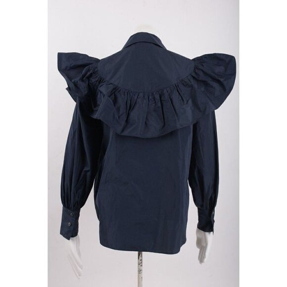 Cinq a Sept Womans Marcelle Ruffled Blouse Shirt XXS Navy Blue Taffeta NWT - Picture 4 of 7